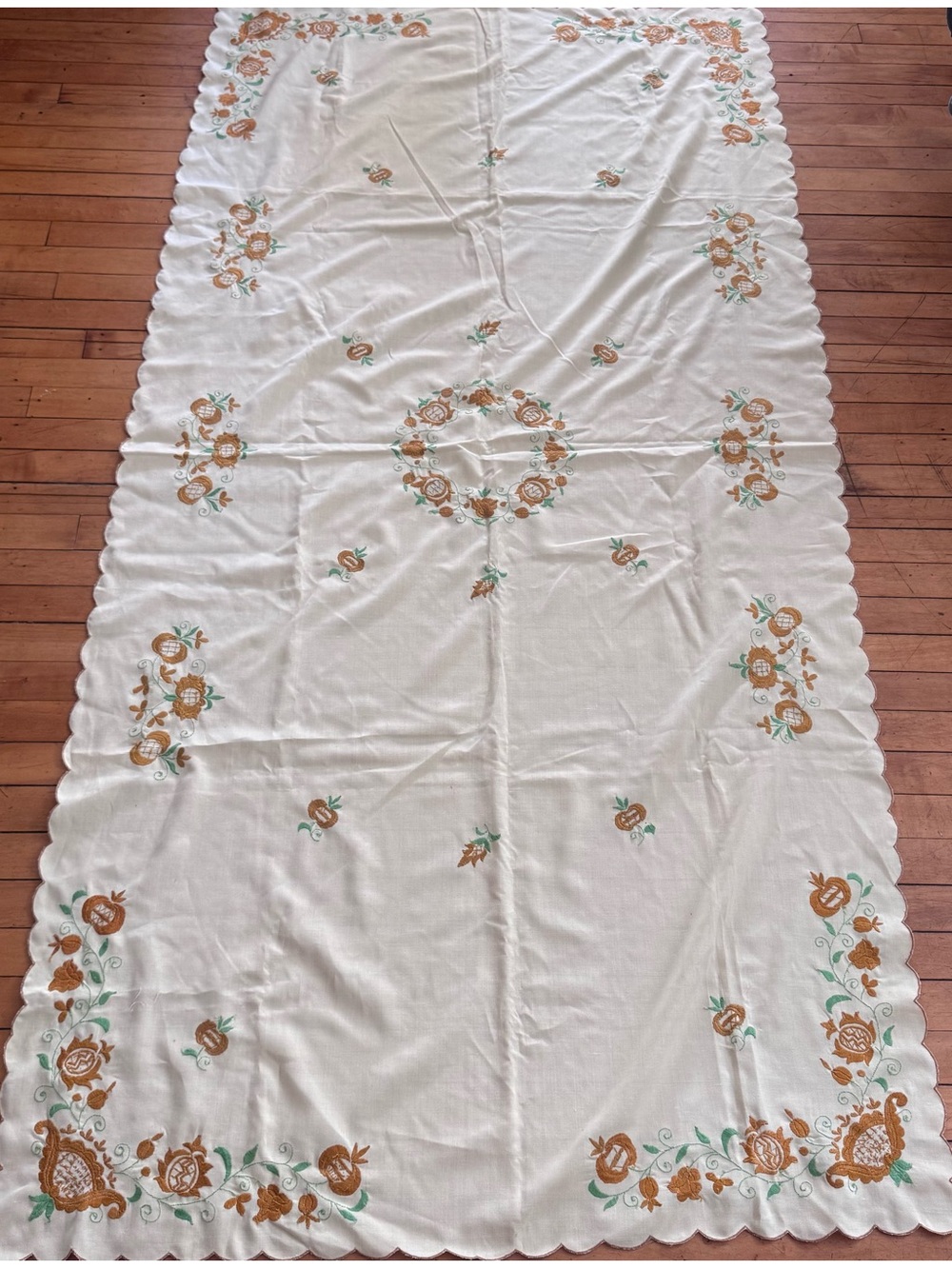 Vintage Floral Yellow gold & Green cotton tablecloth embroidered crewel large